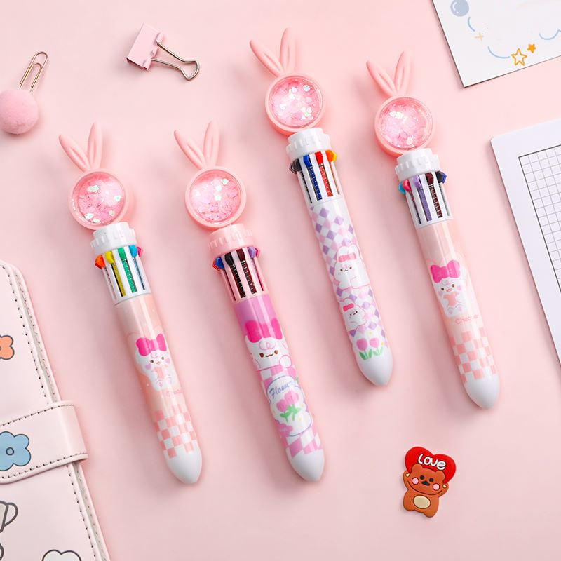 10-In-1 Rabbit Ballpoint Pen Plastic | Rotatable 3D Rabbit Top with 10 Ink Colours | Smooth Writing Gift for Women