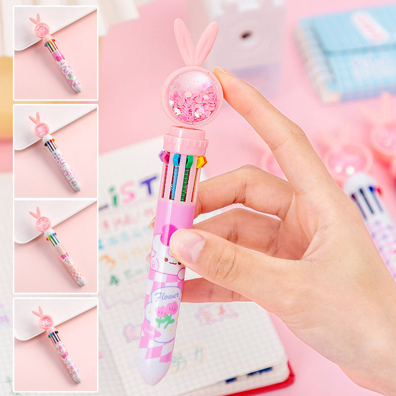 10-In-1 Rabbit Ballpoint Pen Plastic | Rotatable 3D Rabbit Top with 10 Ink Colours | Smooth Writing Gift for Women