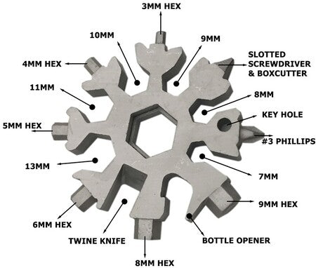18-in-1 Multi-Tool Keychain Stainless Steel | Snowflake Design with Screwdrivers & Wrenches | Compact Pocket Repair Tool