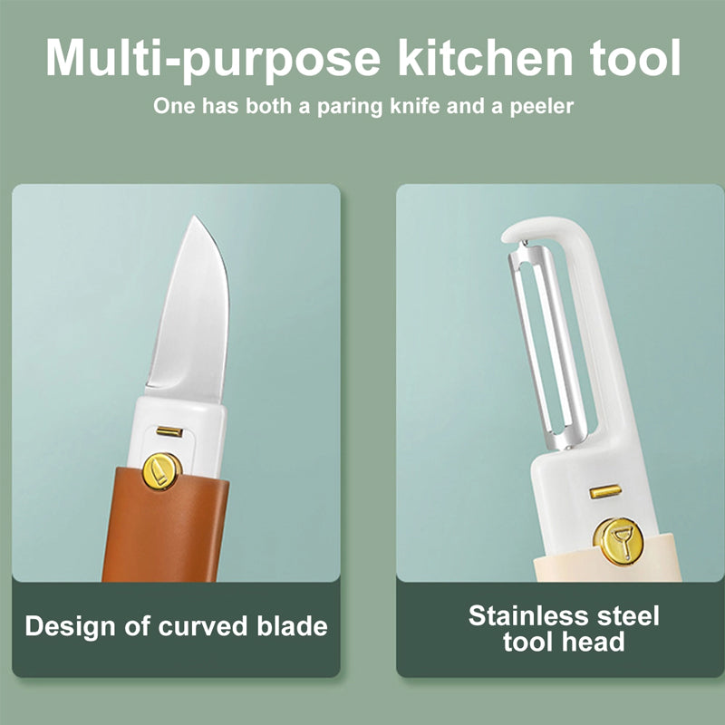 2-in-1 Peeler Cutter Stainless Steel Blade with Protective Sheath | Compact Kitchen Tool | Green, Orange, Grey