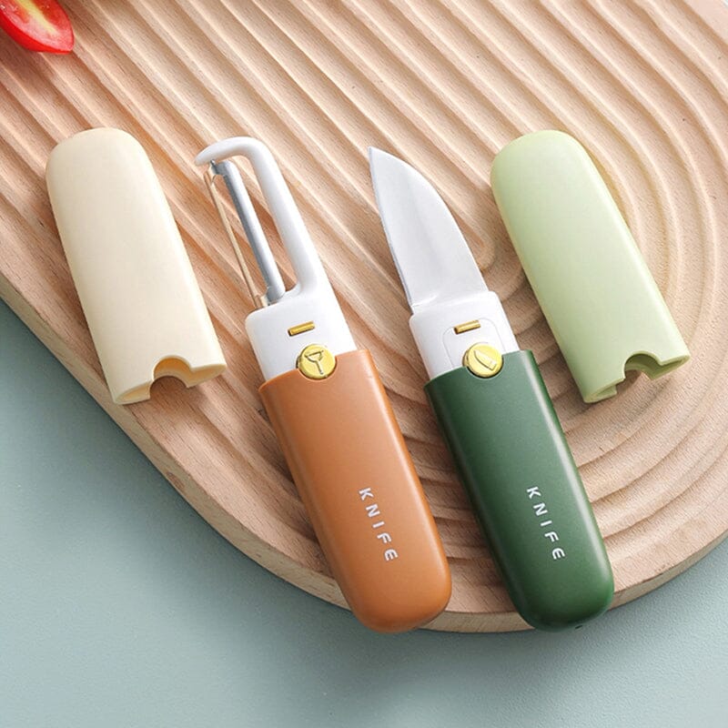 2-in-1 Peeler Cutter Stainless Steel Blade with Protective Sheath | Compact Kitchen Tool | Green, Orange, Grey