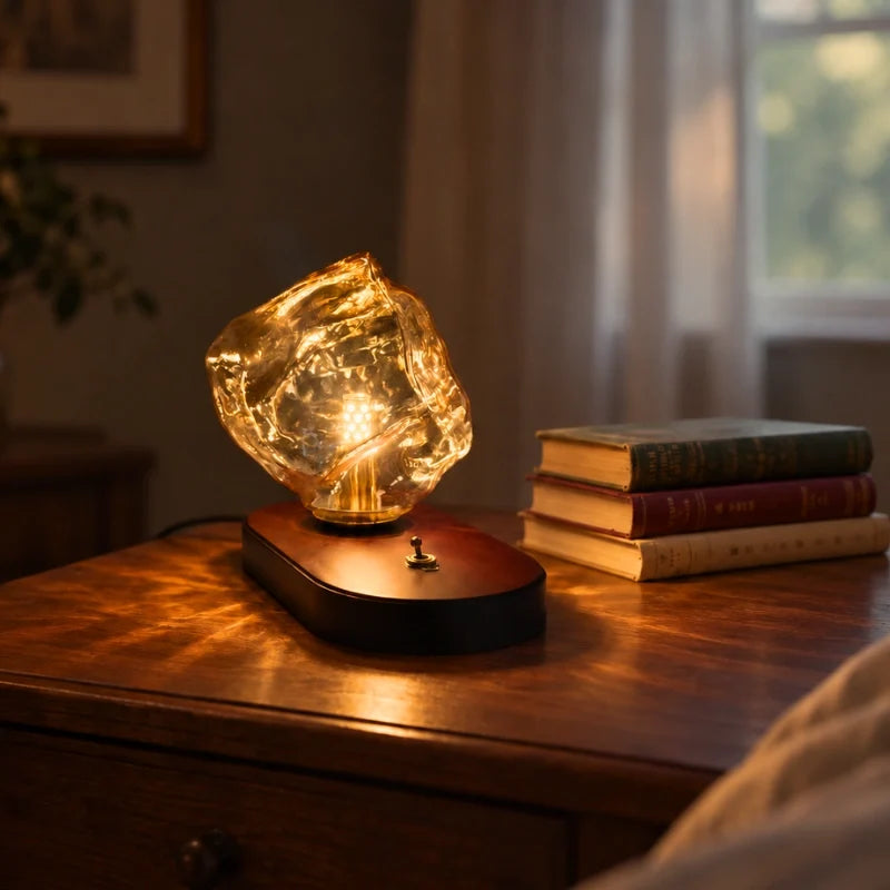 Amber Glass Table Lamp with Oak Base | Textured Glass Casts Warm Ripple Glow | Retro Toggle Switch Plug-In Lamp 5