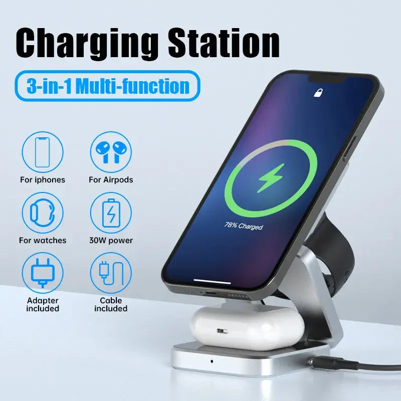 3-in-1 Wireless Charging Station | Foldable Design, Single USB-C Cable | Charges Phone, Watch and Earbuds Simultaneously
