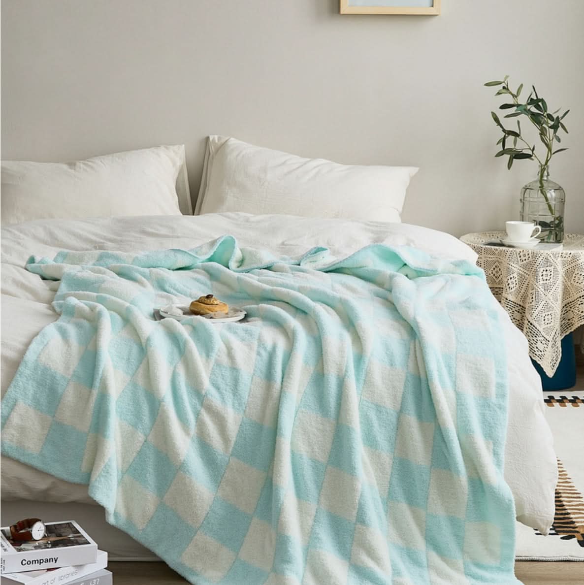 Checkerboard Throw Blanket Knit Two-Tone Versatile with Cosy Texture 10