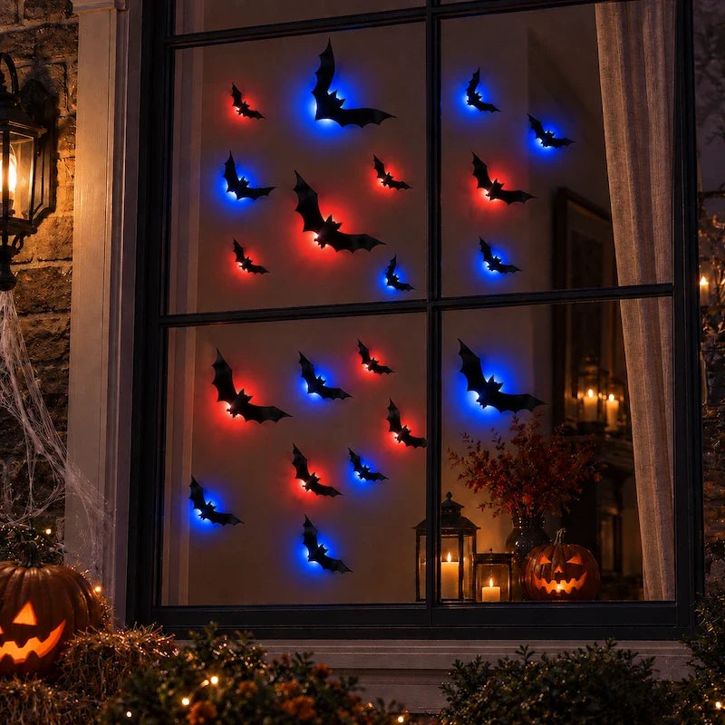 3D Bat Swarm Halloween Wall Decorations | 24, 48 or 72 Foldable PVC Bats | LED or Non-LED Versions for Atmospheric Spooky Display