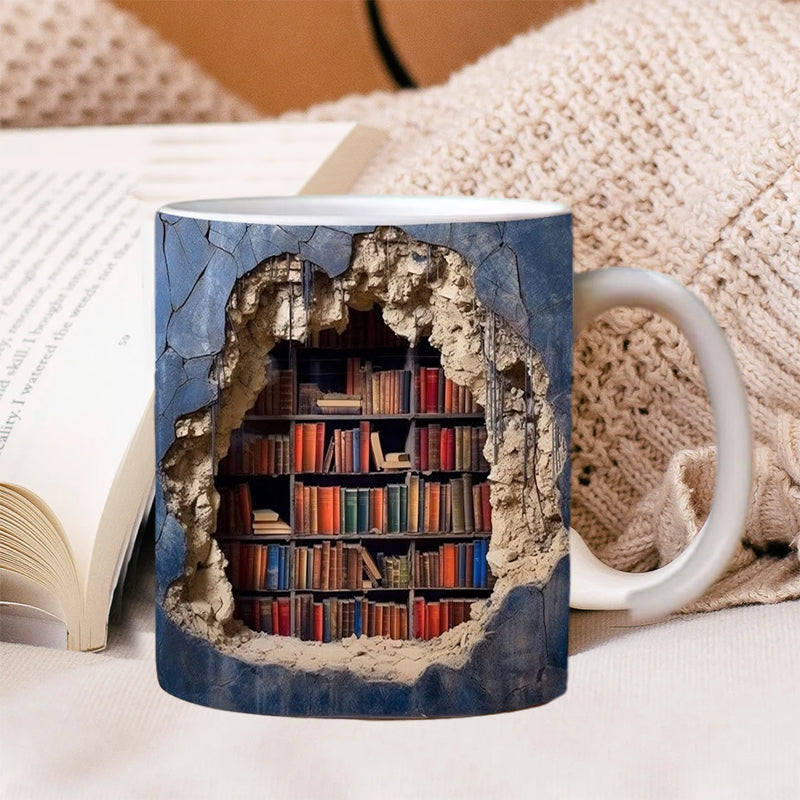 3D Bookshelf Mug Ceramic | Hole-In-The-Wall Book Design | Microwave & Dishwasher Safe Novelty Gift for Book Lovers