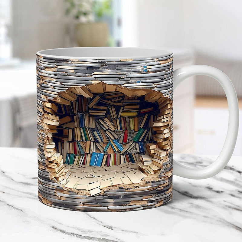 3D Bookshelf Mug Ceramic | Hole-In-The-Wall Book Design | Microwave & Dishwasher Safe Novelty Gift for Book Lovers