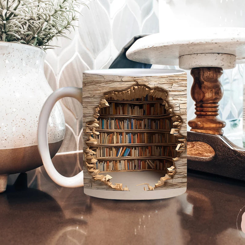 3D Bookshelf Mug Ceramic | Hole-In-The-Wall Book Design | Microwave & Dishwasher Safe Novelty Gift for Book Lovers