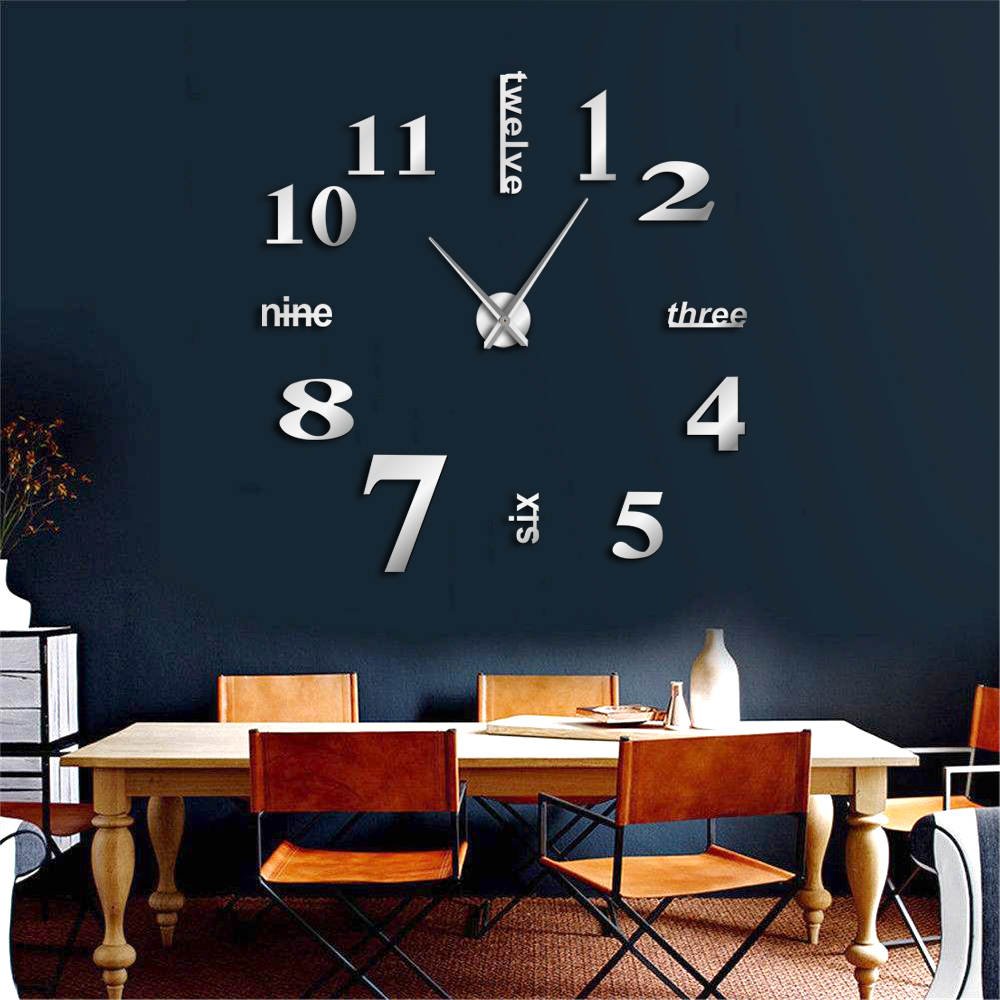 3D DIY Wall Clock Large 37in/47in | Black Silver Gold Options | Silent Quartz Movement, Easy Assembly for Home Decor