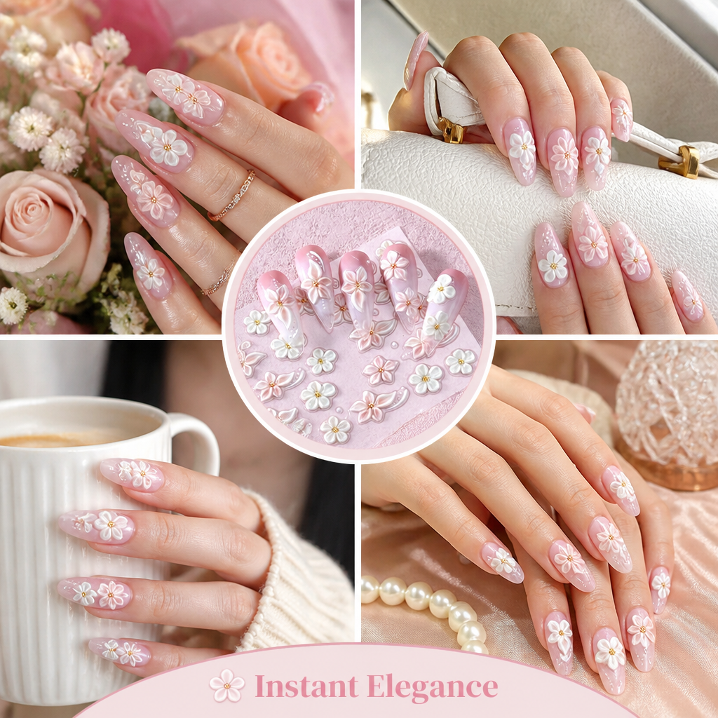 3D Floral Nail Stickers | Embossed Lily and Daisy Design | Peel-and-Stick Application for an Instant Salon Manicure