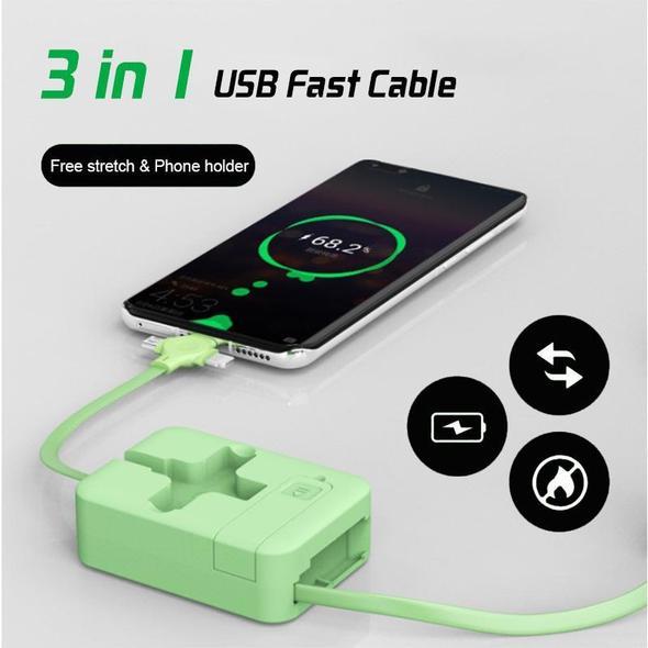 4-in-1 Charging Cable Phone Stand | Lightning, Micro-USB & USB-C Ports | Retractable 1m Cable Doubles as Phone Holder