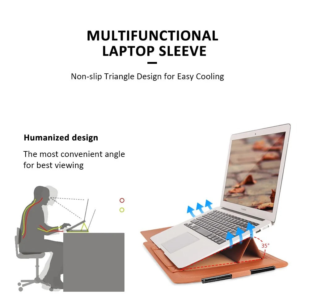 4-in-1 Laptop Sleeve PU Leather | Built-In Stand, Mouse Pad & Storage Bag | Waterproof, Scratch-Resistant Protective Case