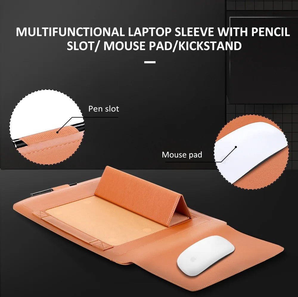 4-in-1 Laptop Sleeve PU Leather | Built-In Stand, Mouse Pad & Storage Bag | Waterproof, Scratch-Resistant Protective Case