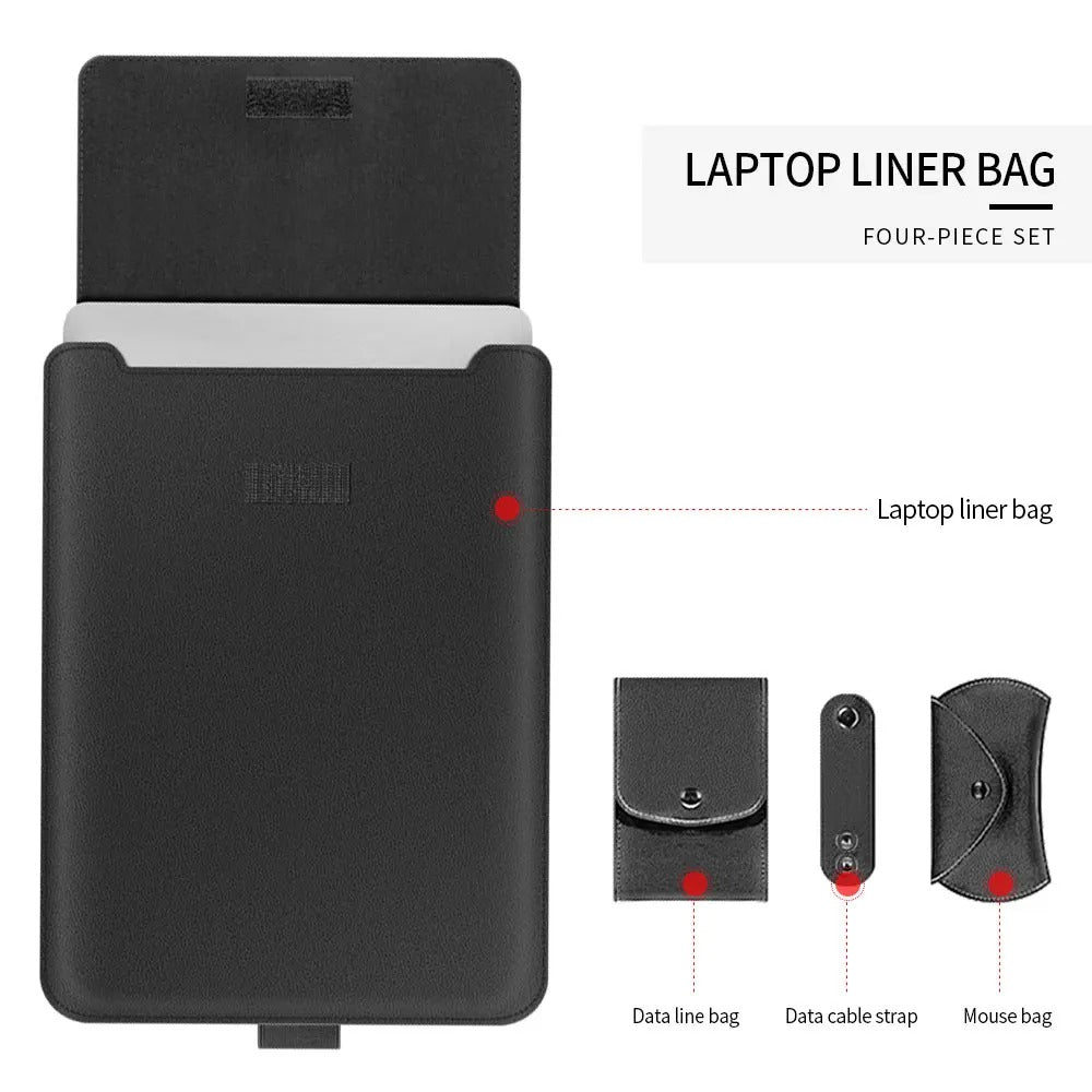 4-in-1 Laptop Sleeve PU Leather | Built-In Stand, Mouse Pad & Storage Bag | Waterproof, Scratch-Resistant Protective Case