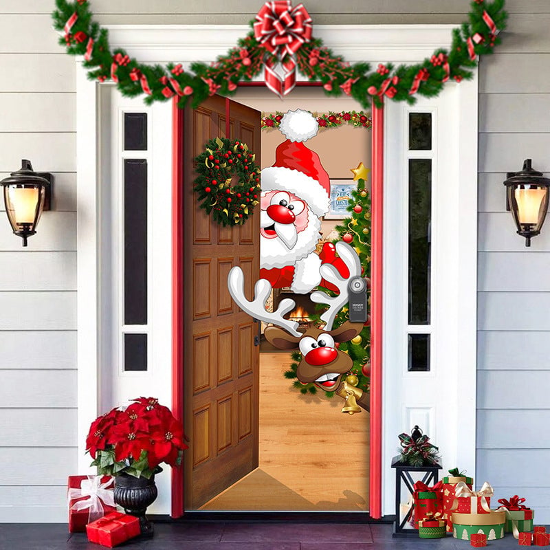 Christmas Door Cover Washable Reusable Lightweight Fabric with Quick Install 14