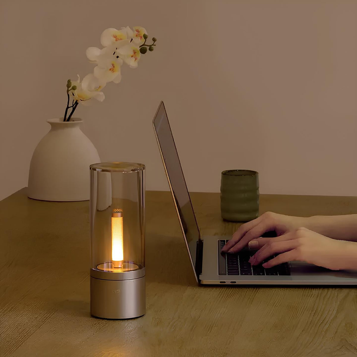 Cylindrical Glass Table Lamp | Twist-Dimmable Warm White Light | Aluminium and Glass Base for Bedside or Desk Use 7