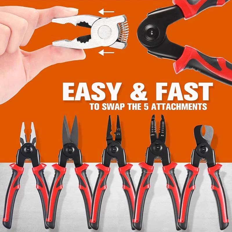 5-in-1 Interchangeable Plier Tool Set High Carbon Steel | Quick-Change Jaws for 5 Tools | Cuts Wire, Rope and Cable Cleanly