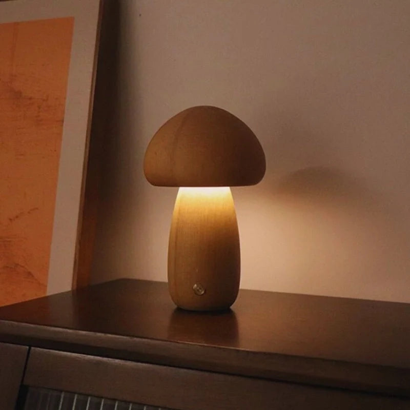 Wooden Mushroom Table Lamp Solid Wood | Cordless Rechargeable Dimmable Nightlight | Up to 10 Hours Warm White Glow 11