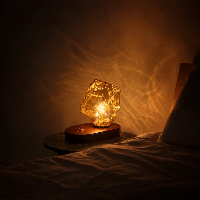 Amber Glass Table Lamp with Oak Base | Textured Glass Casts Warm Ripple Glow | Retro Toggle Switch Plug-In Lamp 1