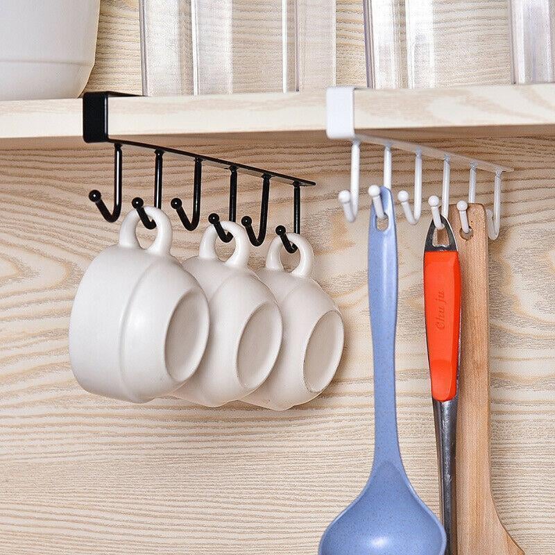 Under-Cabinet Hook Rack Steel | 6 Hooks No-Drill Slide-On Mount | Saves Counter and Wall Space, Rust-Resistant 8