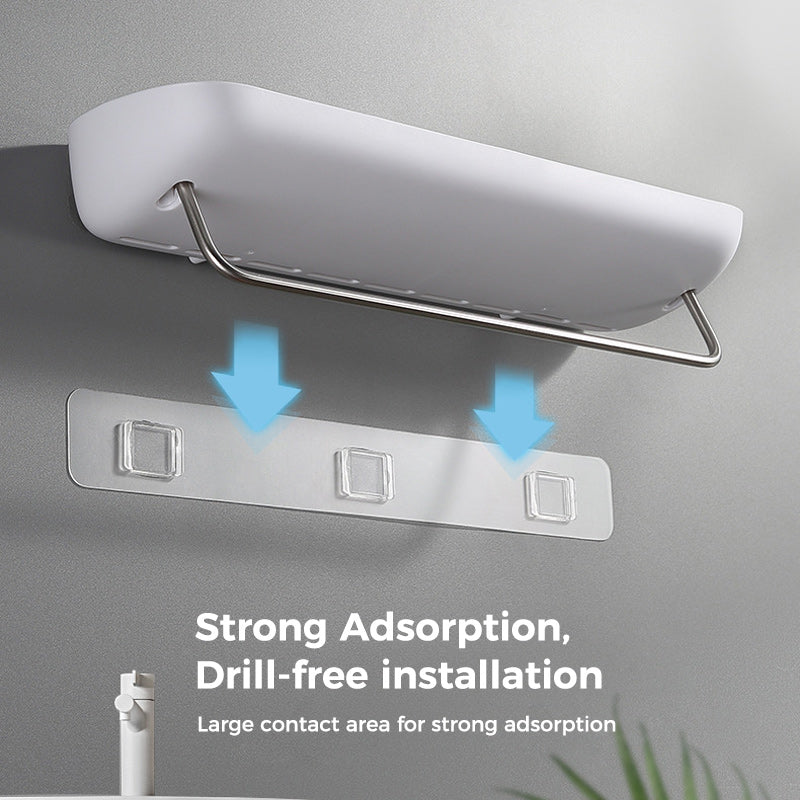 Adhesive Organiser Shelf PET Plastic | No-Drill Wall Mount with Guardrail | Waterproof Storage for Bathroom & Kitchen