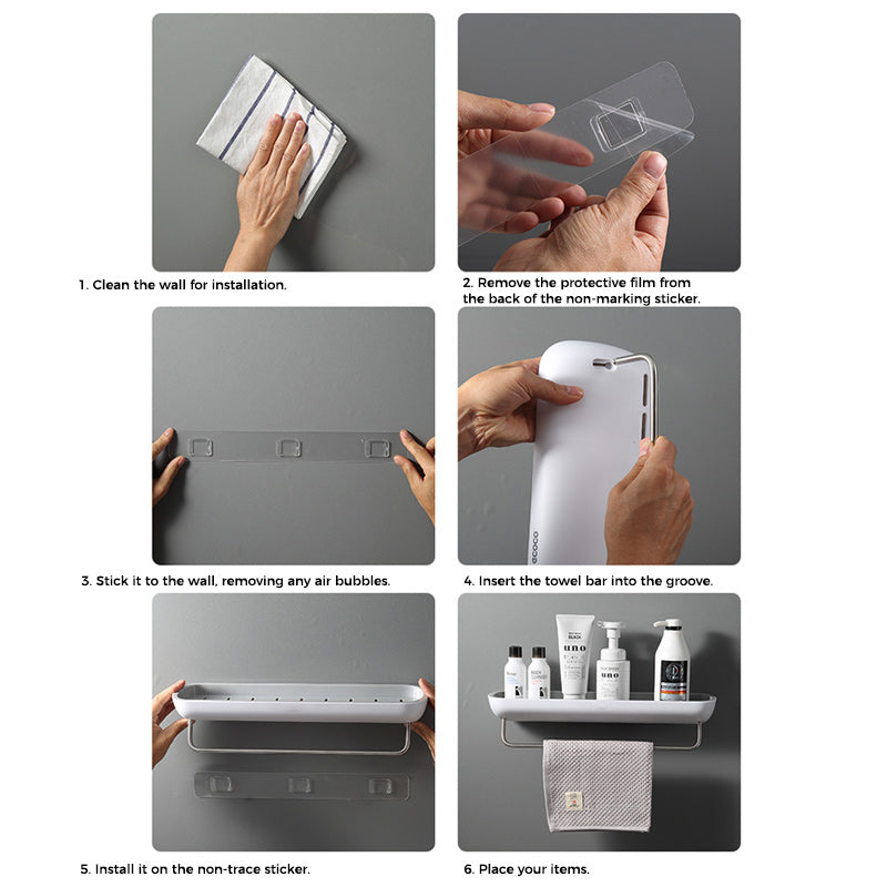 Adhesive Organiser Shelf PET Plastic | No-Drill Wall Mount with Guardrail | Waterproof Storage for Bathroom & Kitchen