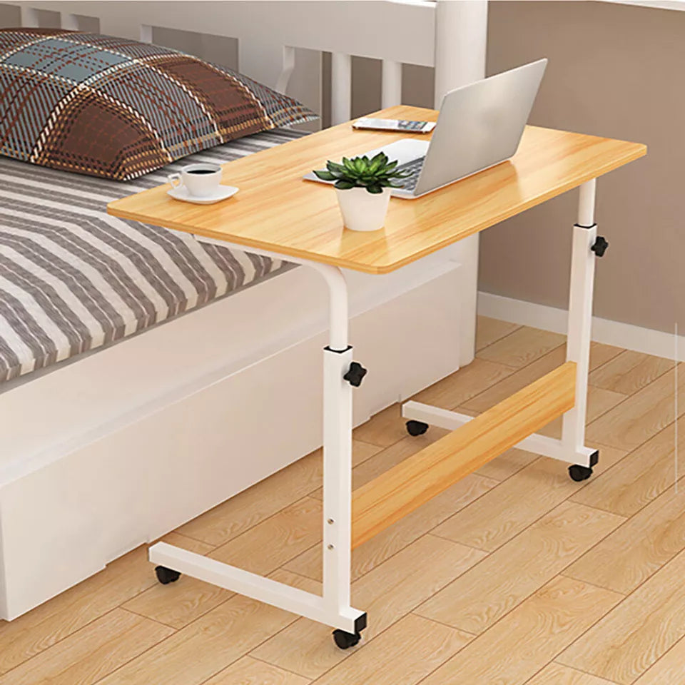 Adjustable Laptop Desk Wooden Surface Metal Frame | Height-Adjustable with Wheels | Ergonomic Use for Home Office, Bed or Sofa