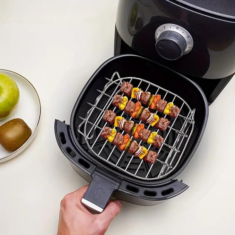Air Fryer Rack Stainless Steel | Double-Layer with 4 Roasting Skewers | Dishwasher-Safe Kitchen Accessory for Men
