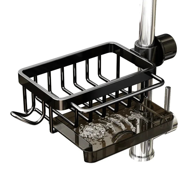 Aluminum Sink Organizer | Faucet-Mounted Caddy with Drainage Tray and Side Hooks