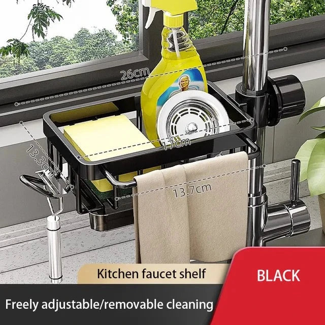 Aluminum Sink Organizer | Faucet-Mounted Caddy with Drainage Tray and Side Hooks