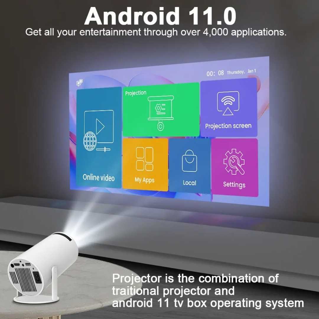 Android 11 Projector with Dual Wifi6 | 8000 Lumens, Auto Keystone Correction | Supports 4K Input, 200-Inch Screen