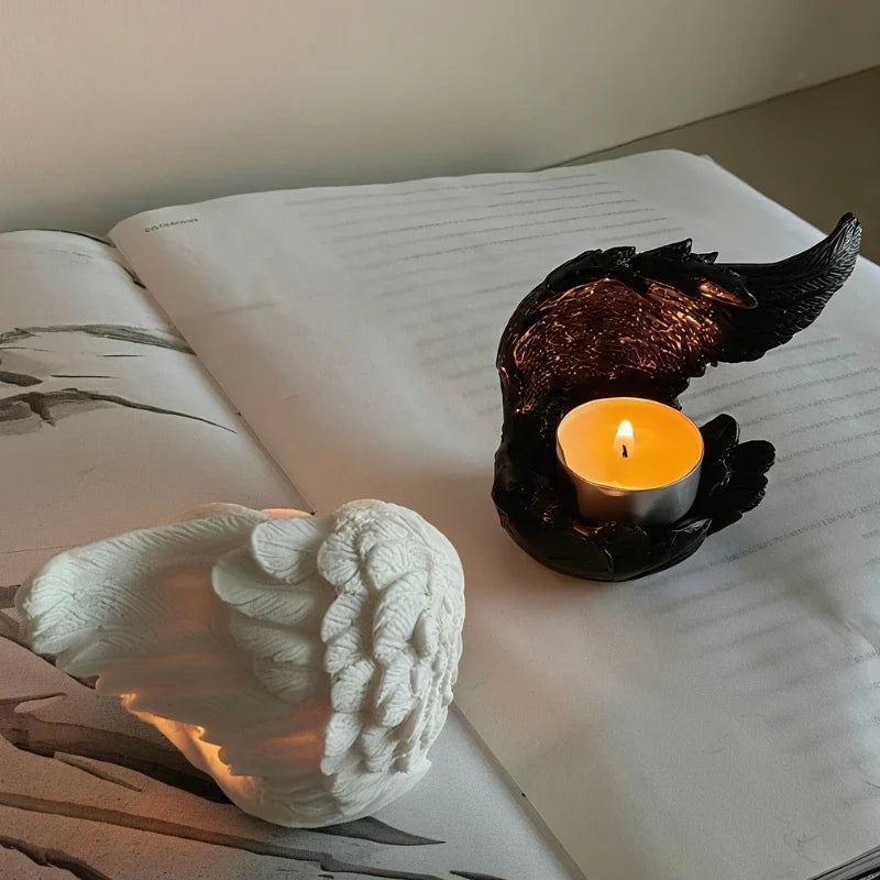 Angel Wing Candle Holder, Resin, 10 x 8 x 6 cm | White or Black | Sculpted Feathers Cast Soft Flickering Light