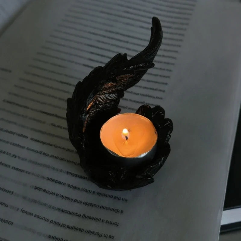 Angel Wing Candle Holder, Resin, 10 x 8 x 6 cm | White or Black | Sculpted Feathers Cast Soft Flickering Light