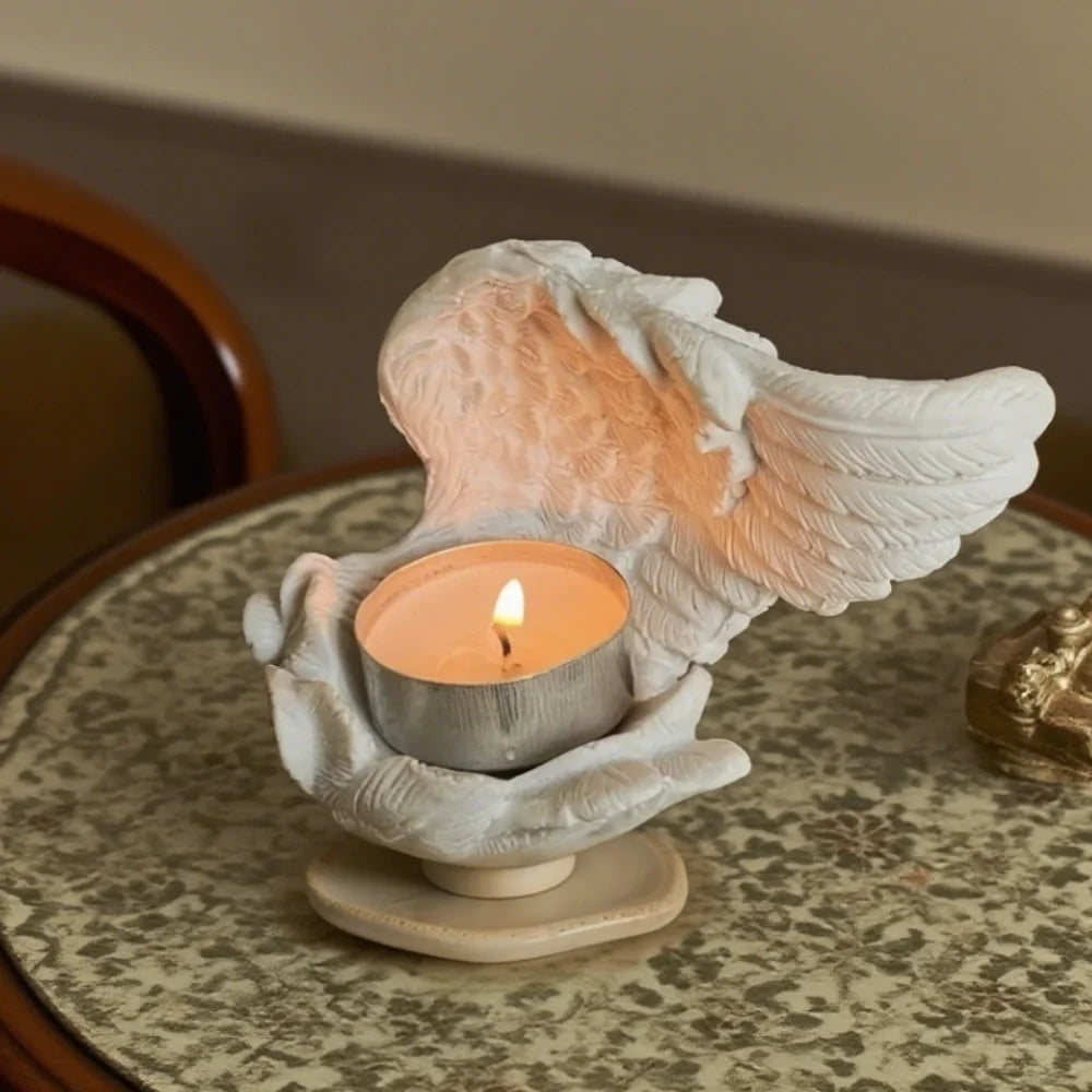 Angel Wing Candle Holder, Resin, 10 x 8 x 6 cm | White or Black | Sculpted Feathers Cast Soft Flickering Light