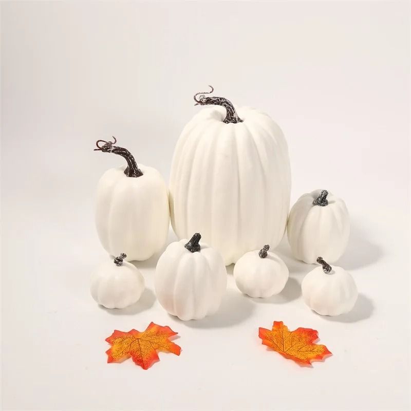 Artificial Pumpkin Set Autumn Decor | 7-Piece Multi-Size Collection | Ribbed Foam Pumpkins for Halloween & Weddings