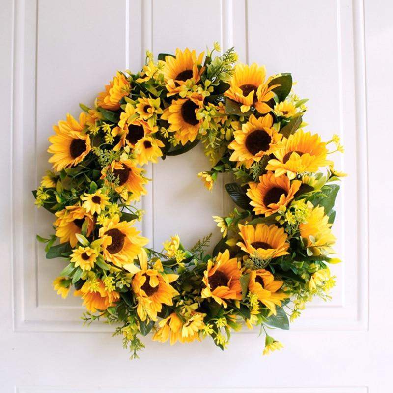 Artificial Sunflower Wreath for Spring | Floral Door Decoration | Crepe and Rattan Construction for Wall or Mantelpiece