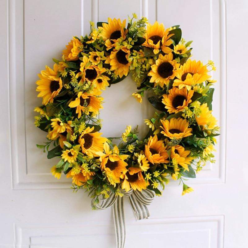 Artificial Sunflower Wreath for Spring | Floral Door Decoration | Crepe and Rattan Construction for Wall or Mantelpiece