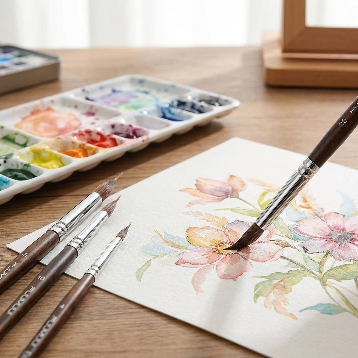 Artist Paint Brush Set, Birch Wood Handles | 4 or 6 Brushes, Fine to Broad Tips | Nickel-Plated Ferrules, Built-In Reservoir