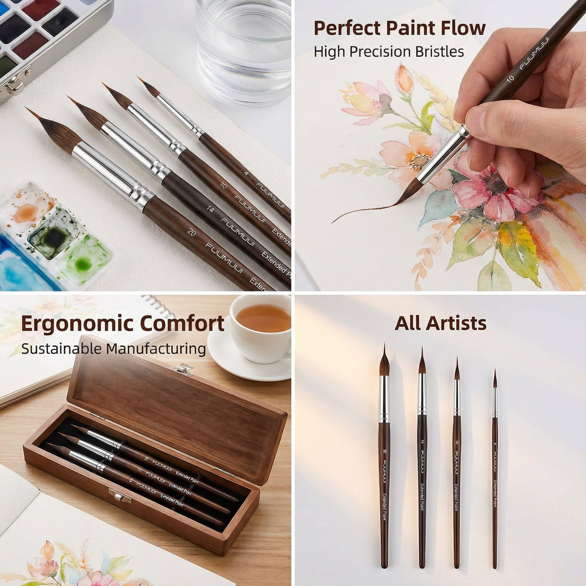 Artist Paint Brush Set, Birch Wood Handles | 4 or 6 Brushes, Fine to Broad Tips | Nickel-Plated Ferrules, Built-In Reservoir