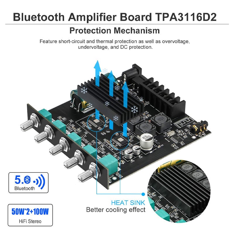 Audio Amplifier 2.1 Channel Bluetooth Module with Bass Treble Control