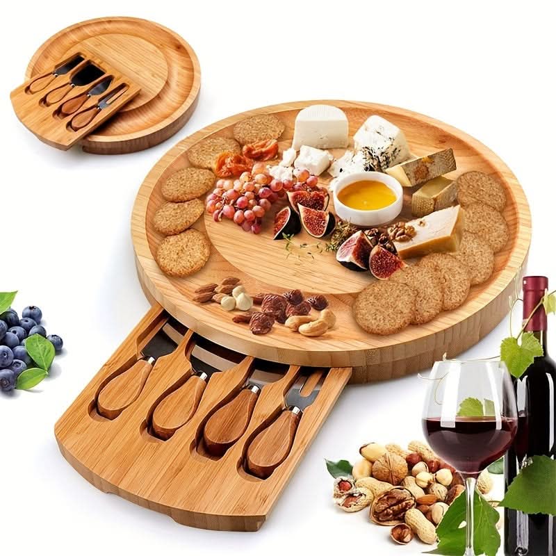 Bamboo Cheese Board Portable Drawer Storage All-In-One with Cutlery Set