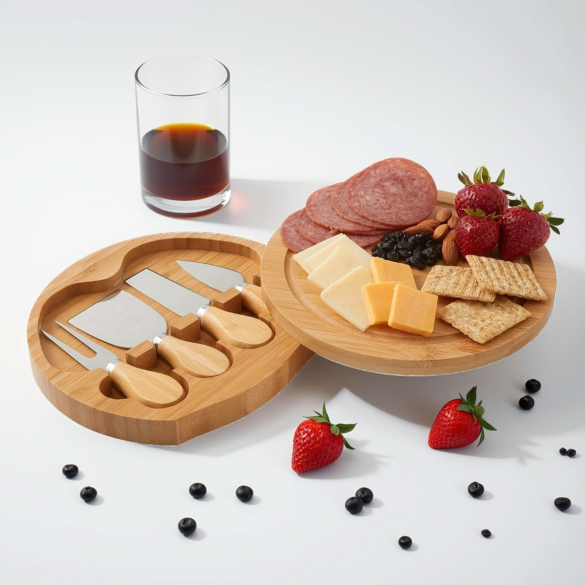 Bamboo Cheese Board Portable Drawer Storage All-In-One with Cutlery Set