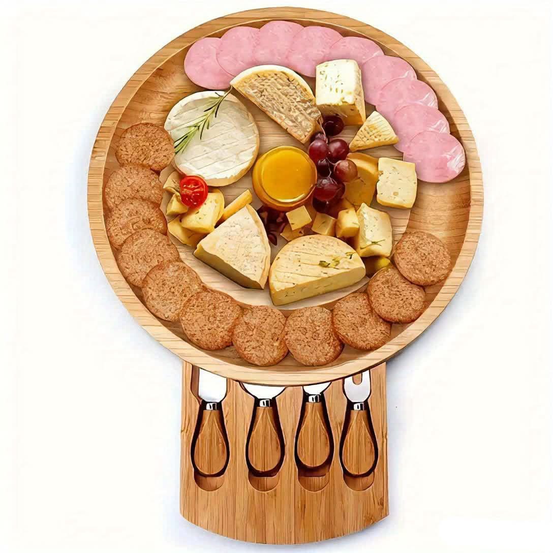 Bamboo Cheese Board Portable Drawer Storage All-In-One with Cutlery Set