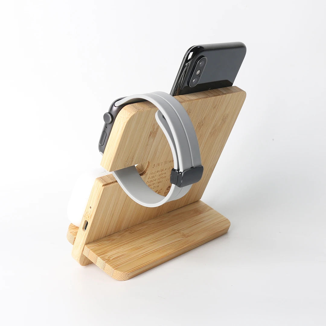 Bamboo Wireless Charging Station | 3-In-1 Flat-Pack Stand