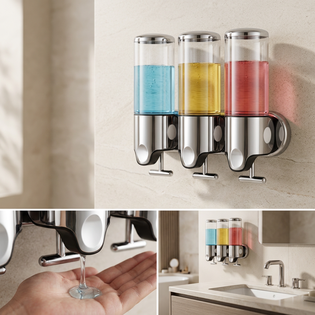 Bathroom Soap Dispenser | TidyWall Triple Wall-Mounted Pump Set