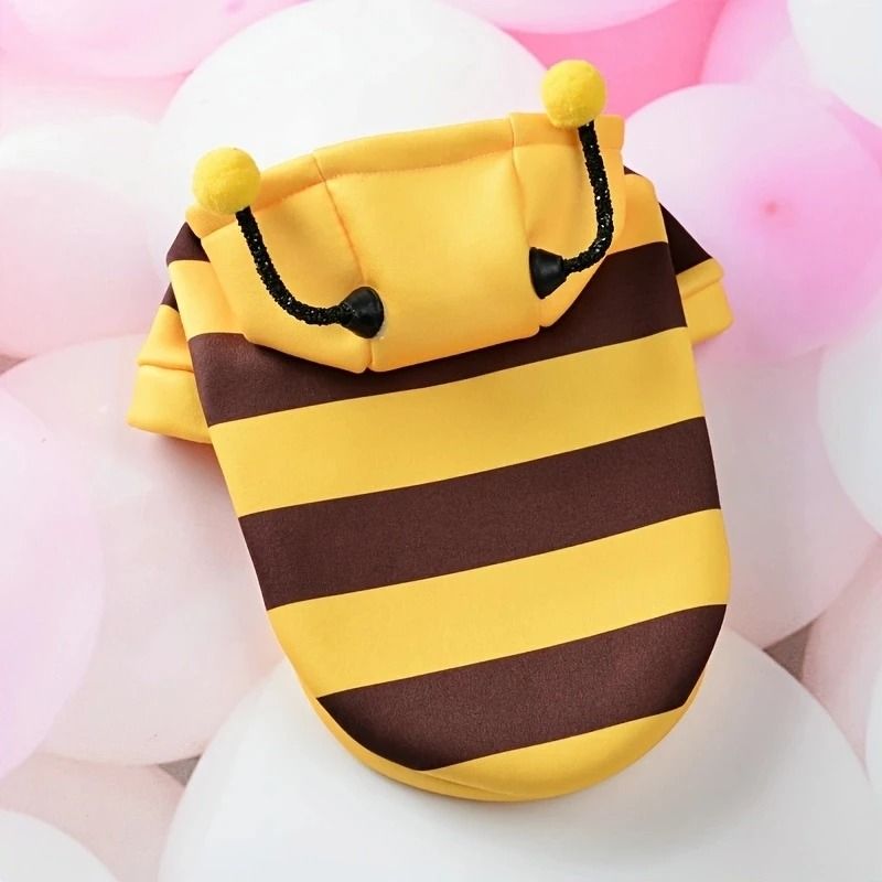 Bee-Print Fleece Hoodie for Pets | Pull-On Design with Pompom Antennas | Warm Winter Costume for Small Dogs and Cats