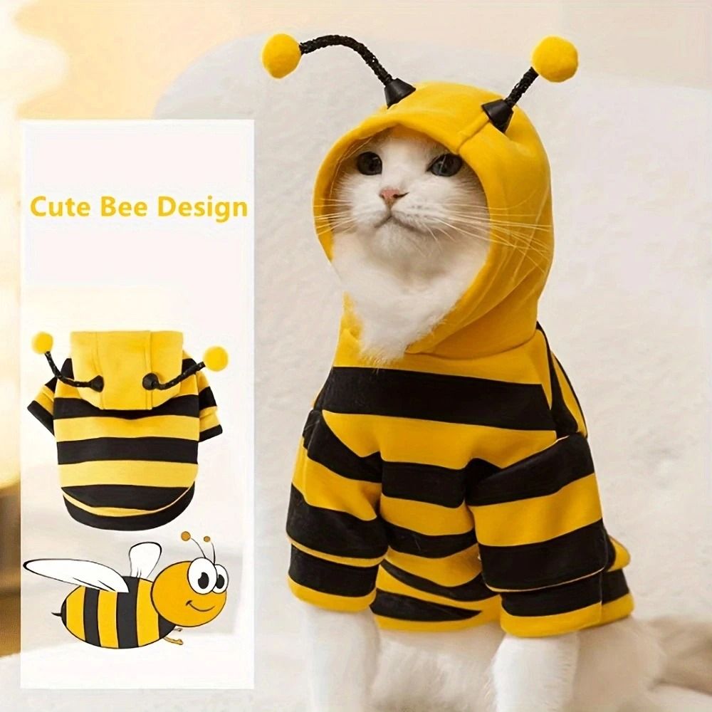 Bee-Print Fleece Hoodie for Pets | Pull-On Design with Pompom Antennas | Warm Winter Costume for Small Dogs and Cats