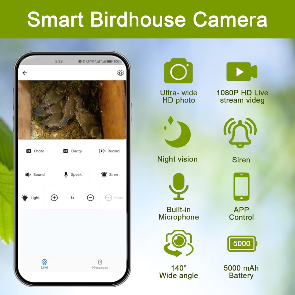 Bird Box Camera | 4MP HD WiFi Live View & Invisible Night Vision | Wooden Nest Box with Microphone & Dual-Band WiFi