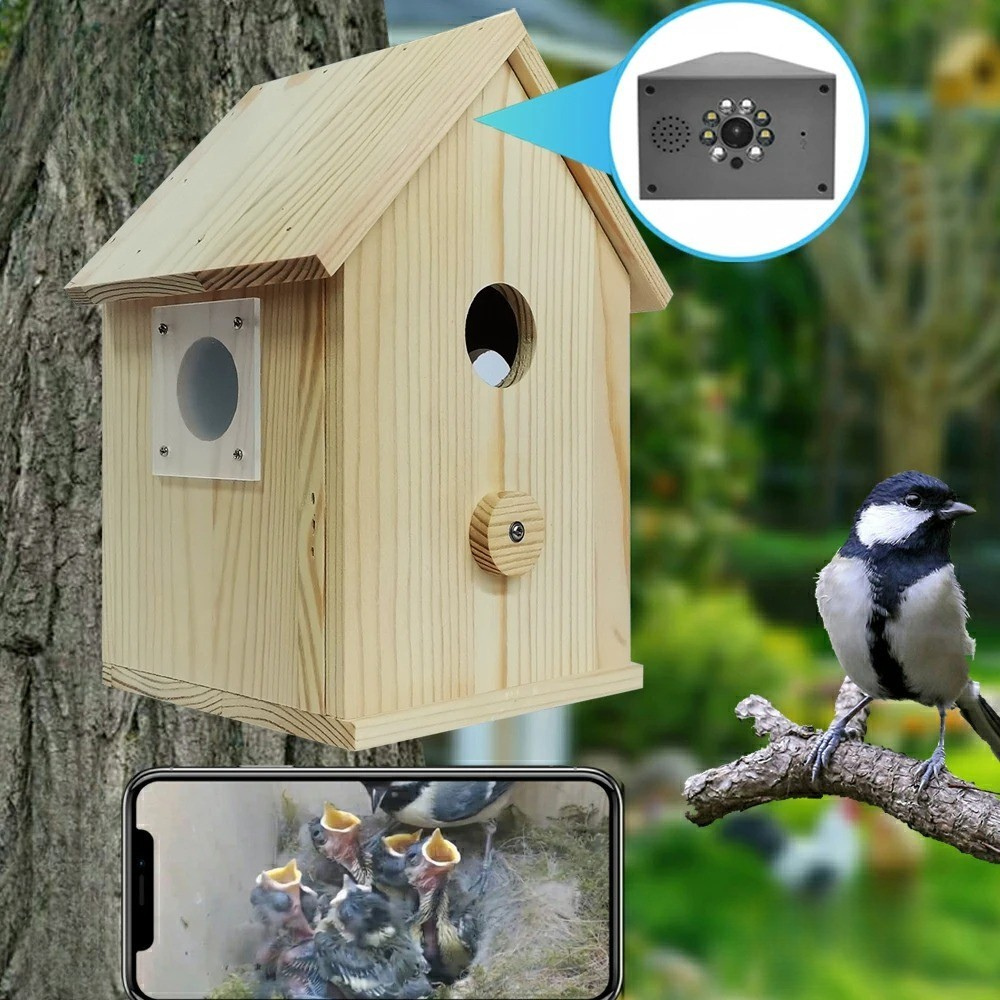 Bird Box Camera | 4MP HD WiFi Live View & Invisible Night Vision | Wooden Nest Box with Microphone & Dual-Band WiFi