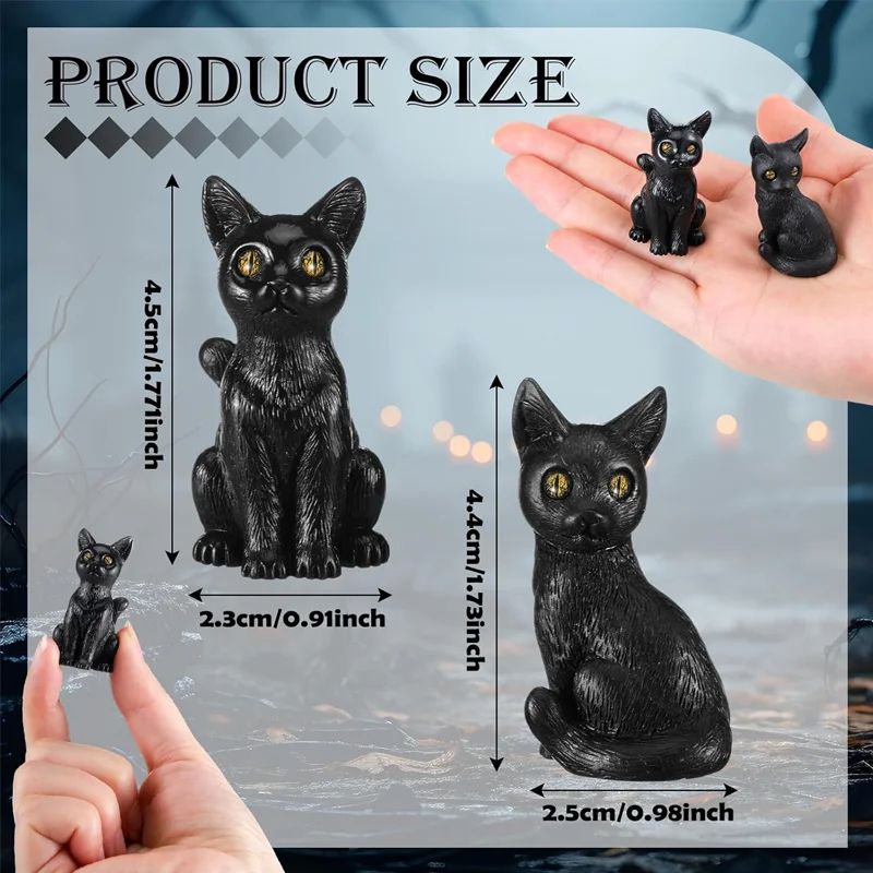 Black Cat Resin Figurines Set of 2 | Turn Head & Sitting Designs | Mini Halloween Decor for Shelves & Fairy Gardens